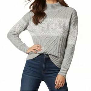 Rachel Zoe Gray Cable Knit Fair Isle Mock Neck Sweater Women XS Long Sleeve